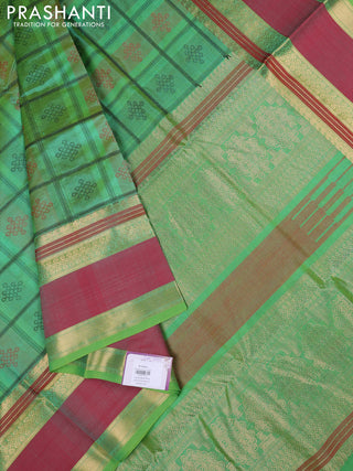 Kanchipuram silk cotton saree green and red with allover thread checks & rangoli buttas and rettapet zari woven border