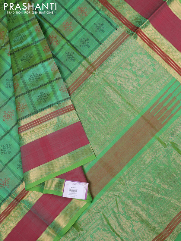 Kanchipuram silk cotton saree green and red with allover thread checks & rangoli buttas and rettapet zari woven border