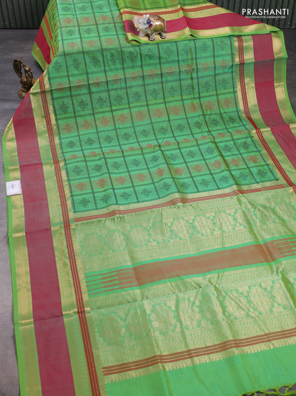 Kanchipuram silk cotton saree green and red with allover thread checks & rangoli buttas and rettapet zari woven border