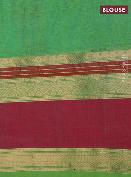Kanchipuram silk cotton saree green and red with allover thread checks & rangoli buttas and rettapet zari woven border