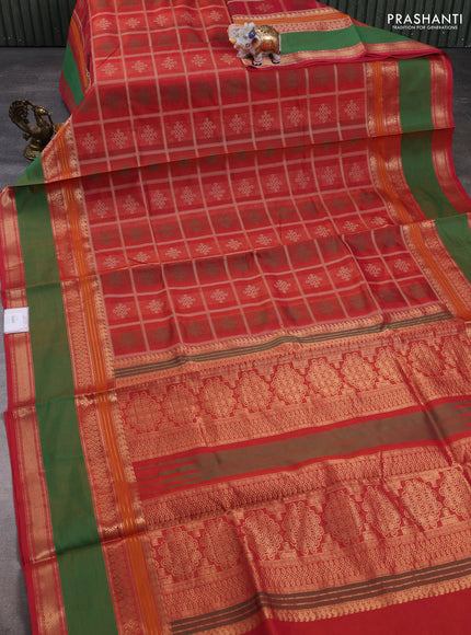 Kanchipuram silk cotton saree sunset orange and green with allover thread checks & rangoli buttas and rettapet zari woven border