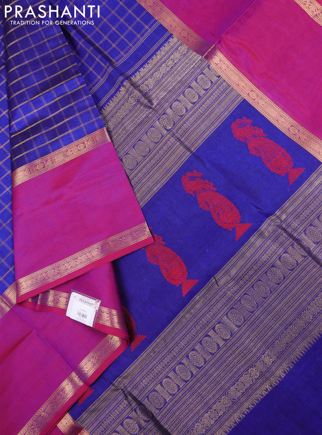 Kanchipuram silk cotton saree blue and pink with allover zari woven checked pattern and rettapet zari woven border