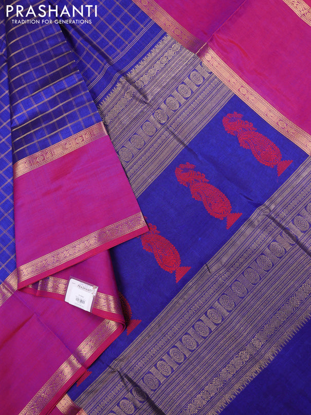Kanchipuram silk cotton saree blue and pink with allover zari woven checked pattern and rettapet zari woven border