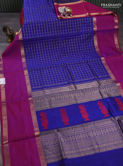 Kanchipuram silk cotton saree blue and pink with allover zari woven checked pattern and rettapet zari woven border