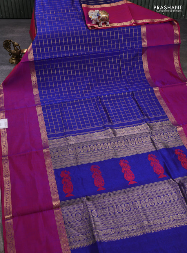 Kanchipuram silk cotton saree blue and pink with allover zari woven checked pattern and rettapet zari woven border