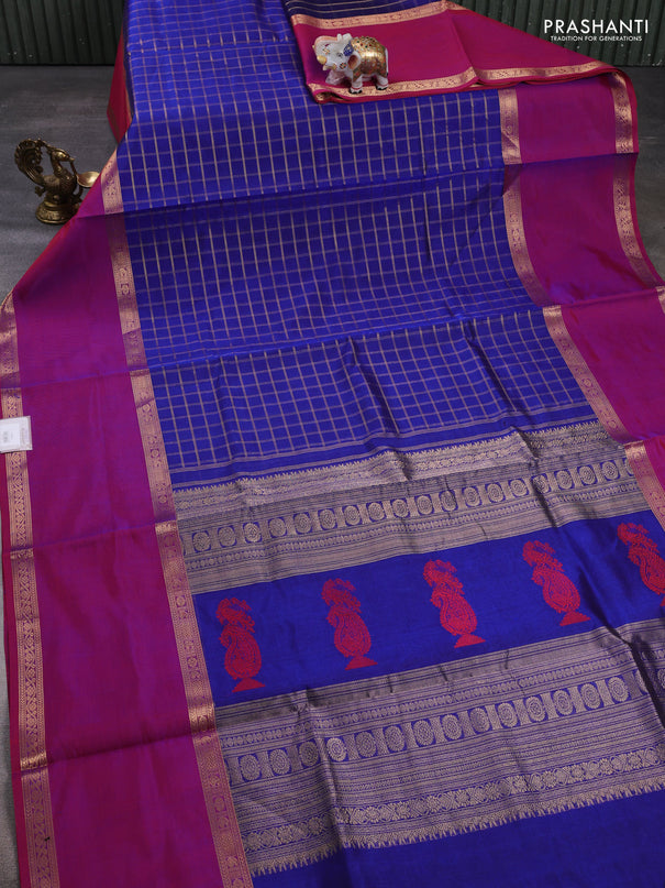 Kanchipuram silk cotton saree blue and pink with allover zari woven checked pattern and rettapet zari woven border
