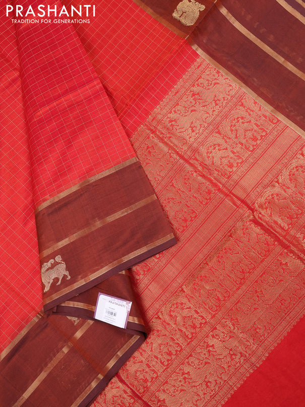 Kanchipuram silk cotton saree orange and brown with allover thread woven checked pattern and rettapet zari woven border