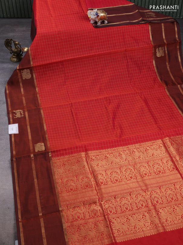 Kanchipuram silk cotton saree orange and brown with allover thread woven checked pattern and rettapet zari woven border