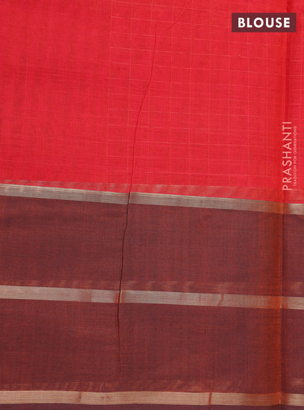 Kanchipuram silk cotton saree orange and brown with allover thread woven checked pattern and rettapet zari woven border