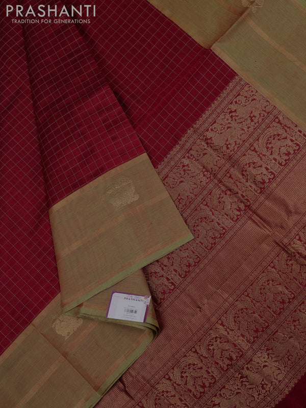 Kanchipuram silk cotton saree maroon and elaichi green with allover thread woven checked pattern and rettapet zari woven border