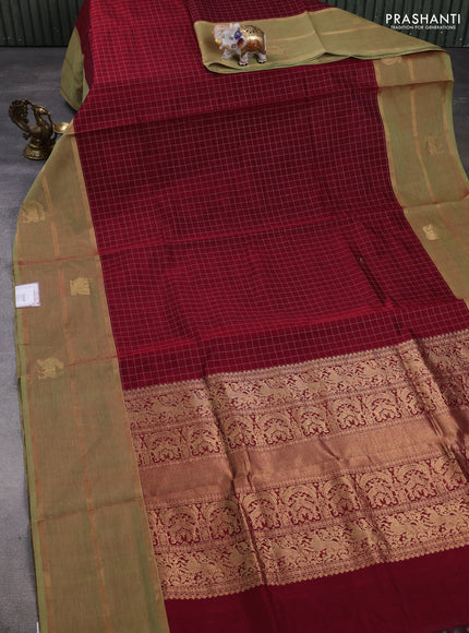 Kanchipuram silk cotton saree maroon and elaichi green with allover thread woven checked pattern and rettapet zari woven border
