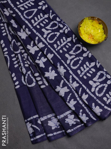 Batik cotton saree navy blue with allover prints and batik printed border