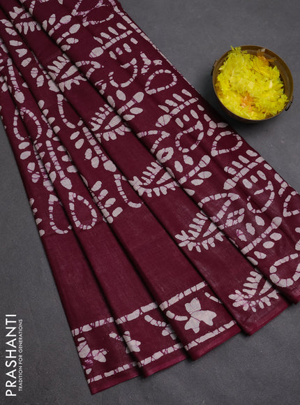 Batik cotton saree deep wine with allover prints and batik printed border