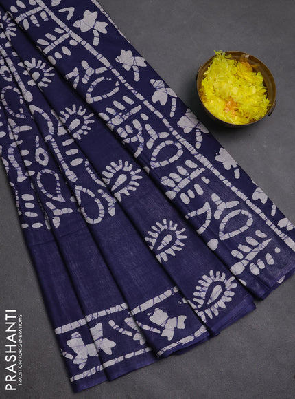 Batik cotton saree navy blue with allover prints and batik printed border