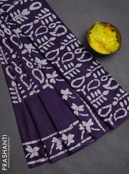 Batik cotton saree violet with allover prints and batik printed border