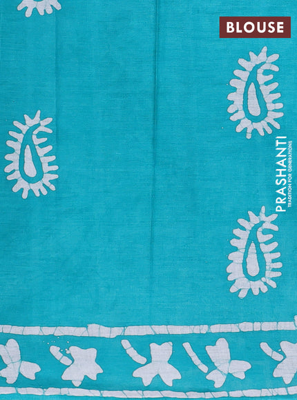 Batik cotton saree teal green with allover prints and batik printed border