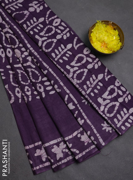 Batik cotton saree violet with allover prints and batik printed border