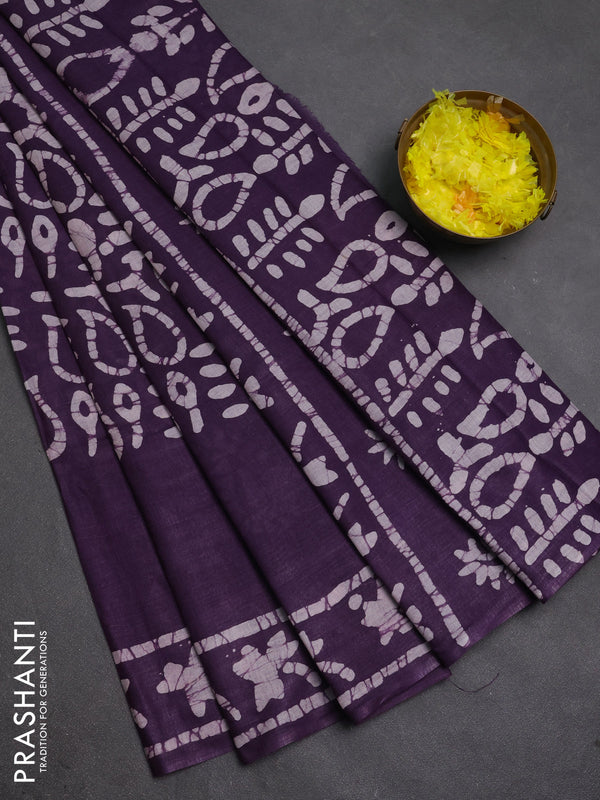 Batik cotton saree violet with allover prints and batik printed border