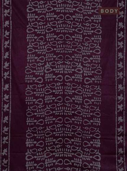 Batik cotton saree deep purple with allover prints and batik printed border