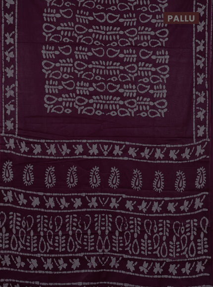 Batik cotton saree deep purple with allover prints and batik printed border
