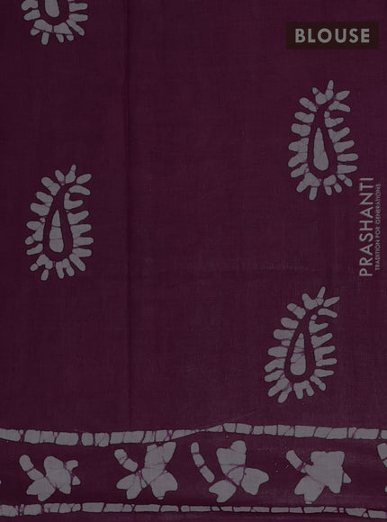 Batik cotton saree deep purple with allover prints and batik printed border