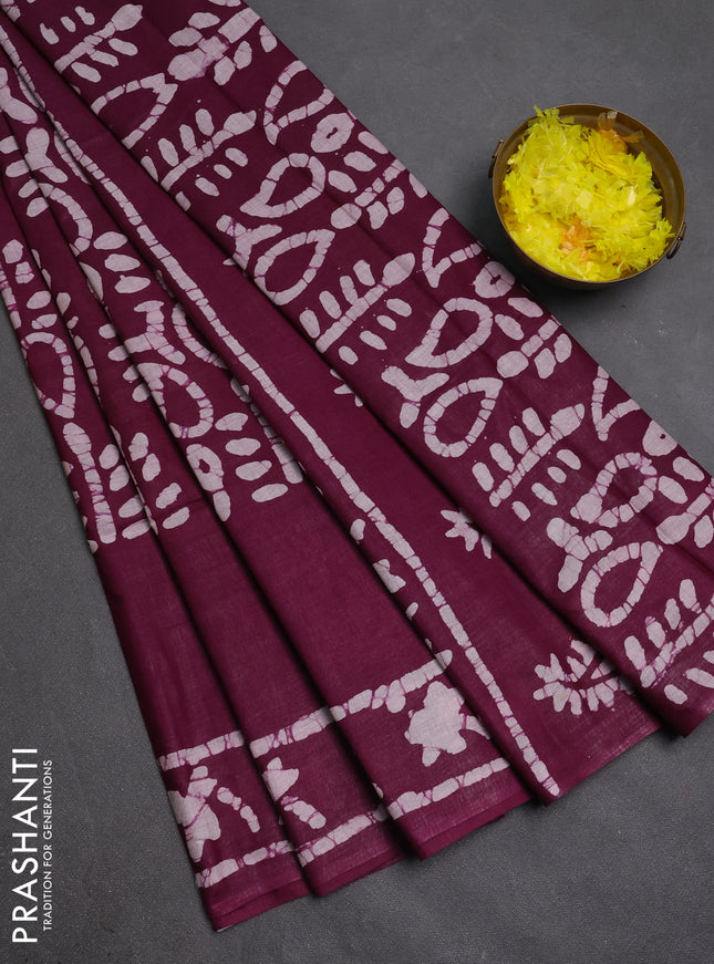 Batik cotton saree deep purple with allover prints and batik printed border