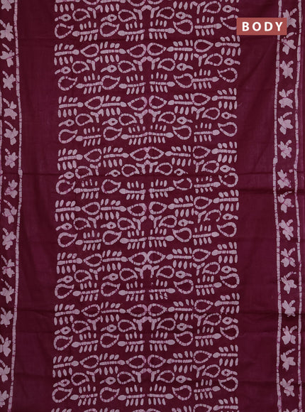 Batik cotton saree deep purple with allover prints and batik printed border