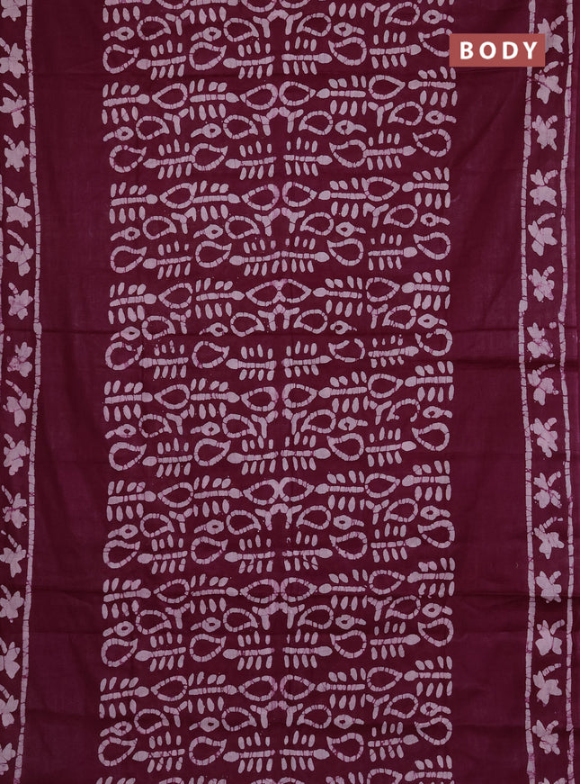 Batik cotton saree deep purple with allover prints and batik printed border