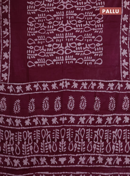 Batik cotton saree deep purple with allover prints and batik printed border