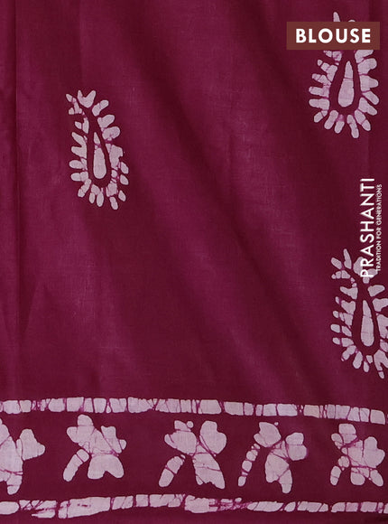 Batik cotton saree deep purple with allover prints and batik printed border