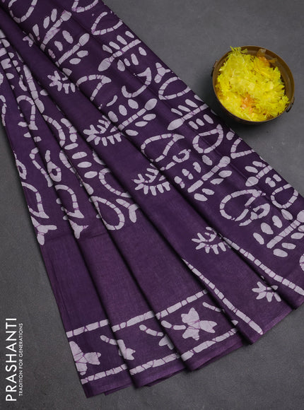 Batik cotton saree violet with allover prints and batik printed border