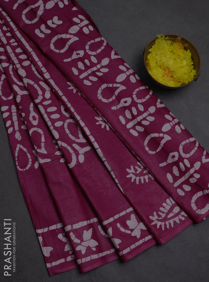 Batik cotton saree purple with allover prints and batik printed border