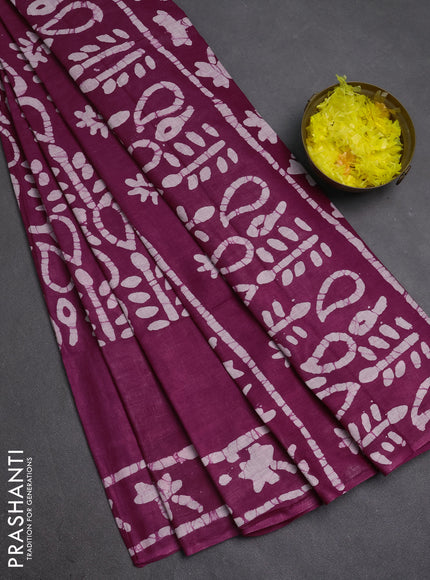 Batik cotton saree purple with allover prints and batik printed border
