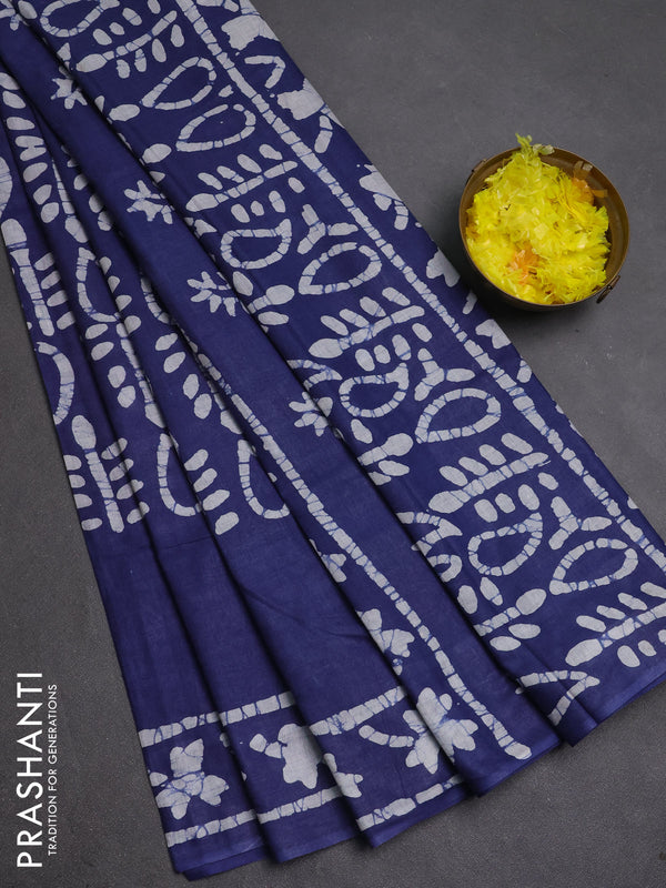 Batik cotton saree blue with allover prints and batik printed border