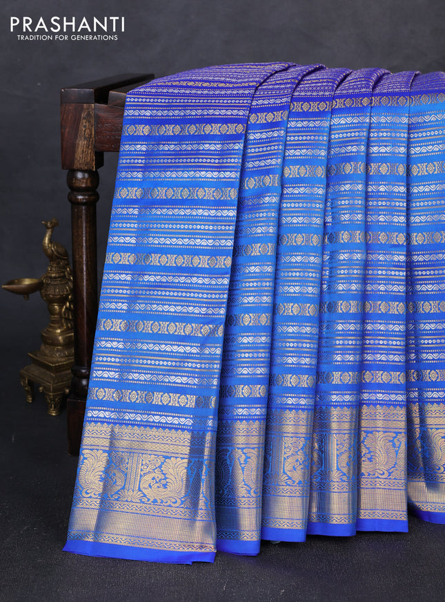 Pure kanchipuram silk saree blue with allover silver & gold zari woven veldhari weaves and rich zari woven border