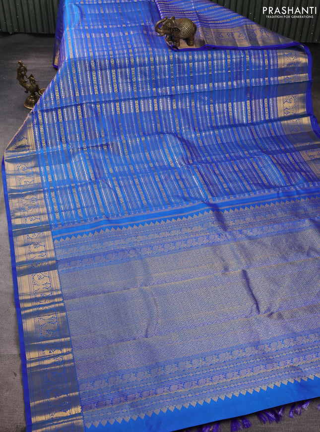 Pure kanchipuram silk saree blue with allover silver & gold zari woven veldhari weaves and rich zari woven border