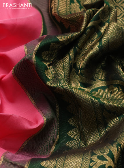 Pure kanchipuram silk saree light pink and bottle green with annam & rudhraksha zari woven buttas and rich zari woven peacock border