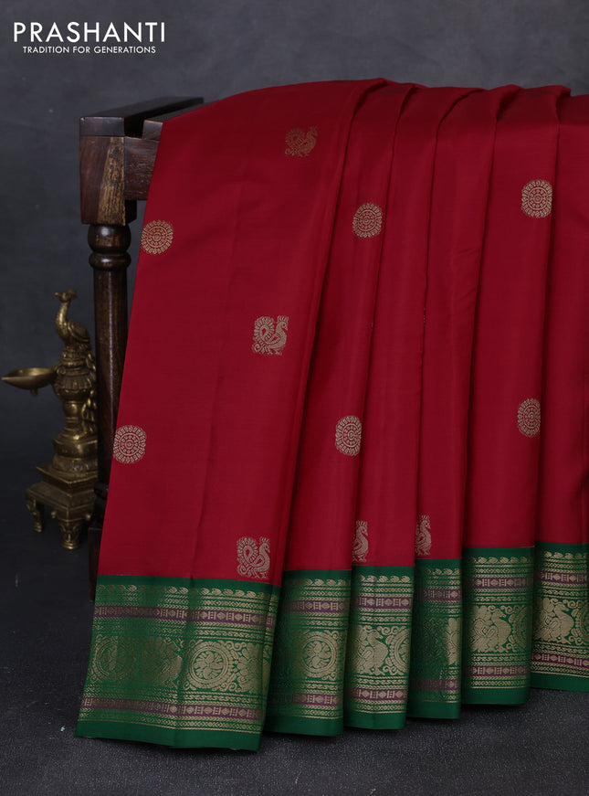 Pure kanchipuram silk saree red and green with annam & rudhraksha zari woven buttas and rich zari woven peacock border