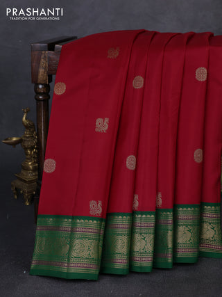 Pure kanchipuram silk saree red and green with annam & rudhraksha zari woven buttas and rich zari woven peacock border