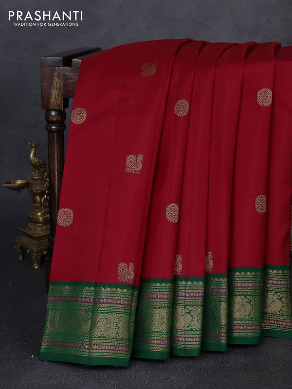 Pure kanchipuram silk saree red and green with annam & rudhraksha zari woven buttas and rich zari woven peacock border