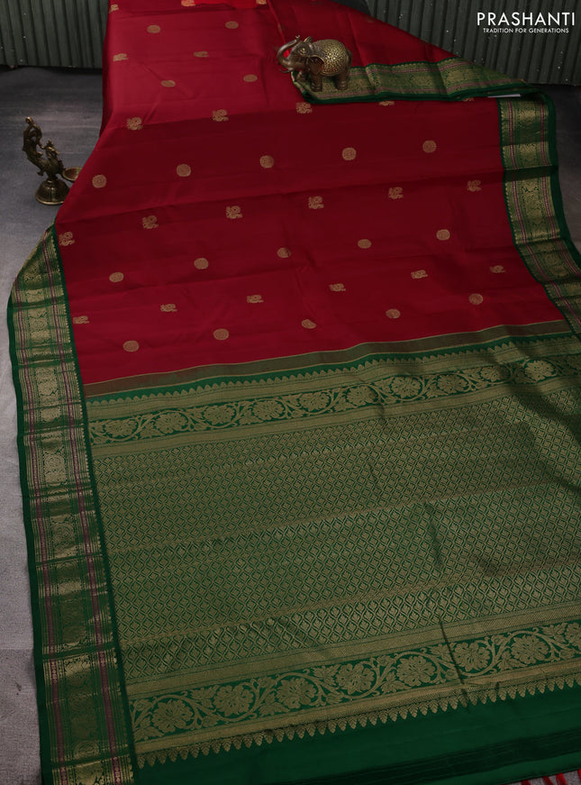 Pure kanchipuram silk saree red and green with annam & rudhraksha zari woven buttas and rich zari woven peacock border