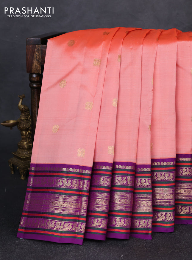 Pure kanchipuram silk saree peach and purple with annam & rudhraksha zari woven buttas and long zari woven peacock border