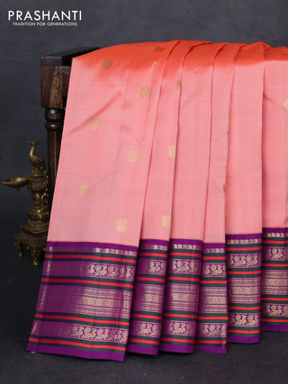 Pure kanchipuram silk saree peach and purple with annam & rudhraksha zari woven buttas and long zari woven peacock border