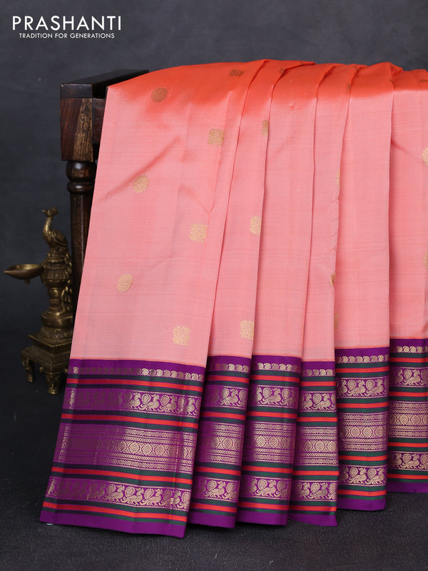 Pure kanchipuram silk saree peach and purple with annam & rudhraksha zari woven buttas and long zari woven peacock border