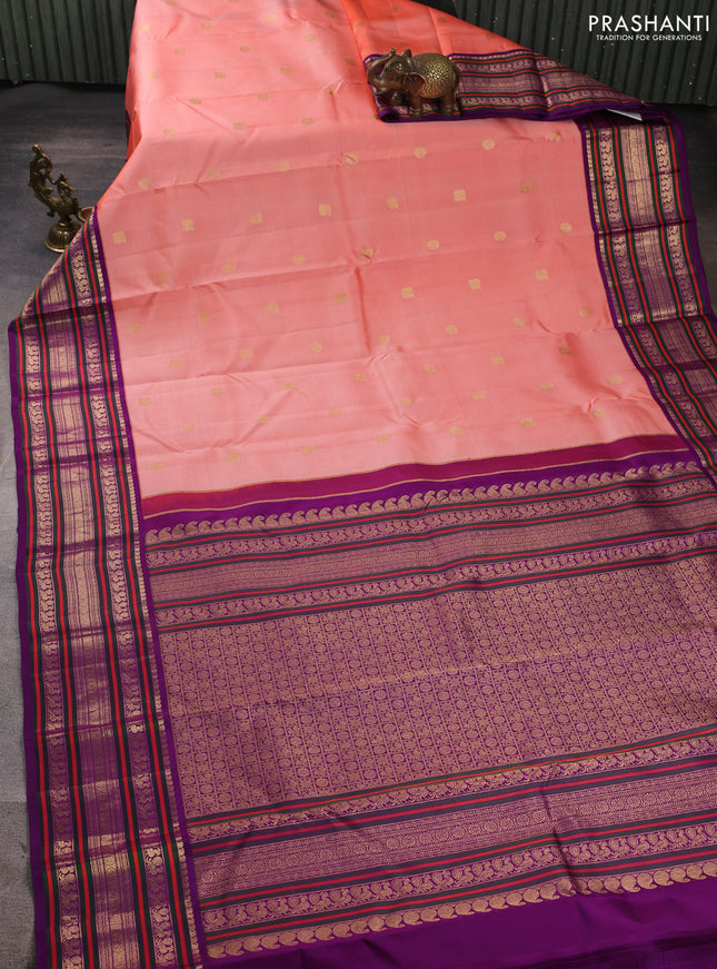 Pure kanchipuram silk saree peach and purple with annam & rudhraksha zari woven buttas and long zari woven peacock border