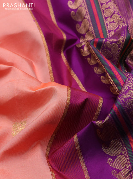 Pure kanchipuram silk saree peach and purple with annam & rudhraksha zari woven buttas and long zari woven peacock border