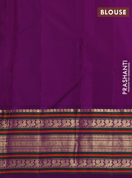 Pure kanchipuram silk saree peach and purple with annam & rudhraksha zari woven buttas and long zari woven peacock border
