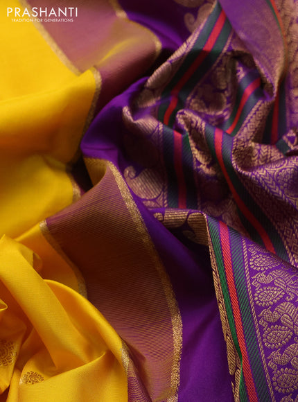 Pure kanchipuram silk saree yellow and purple with annam & rudhraksha zari woven buttas and long zari woven peacock border