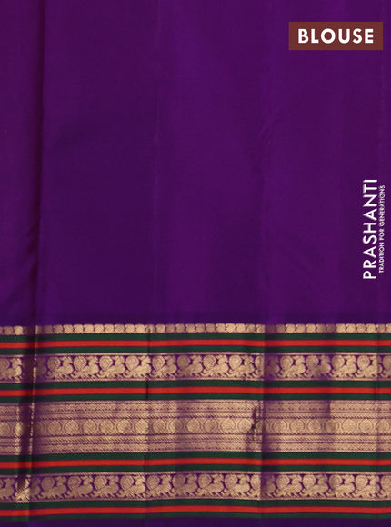 Pure kanchipuram silk saree yellow and purple with annam & rudhraksha zari woven buttas and long zari woven peacock border