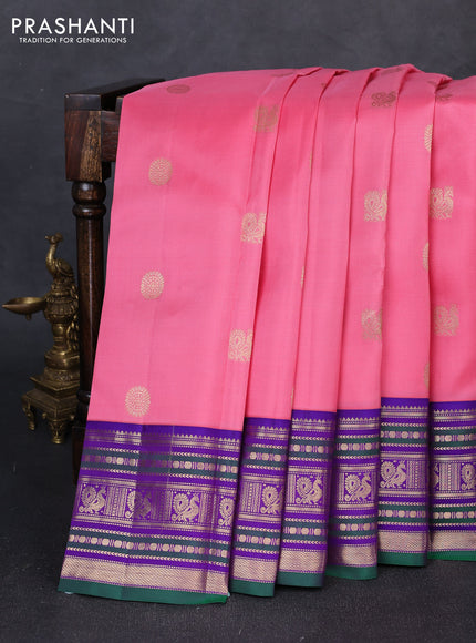 Pure kanchipuram silk saree light pink and violet with annam & rudhraksha zari woven buttas and zari woven peacock design border